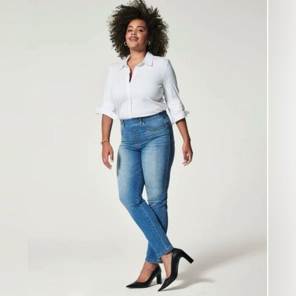 Spanx Straight Leg Ankle Pull-On Jeans in Vintage Indigo Medium Wash Size Large - Picture 1 of 9
